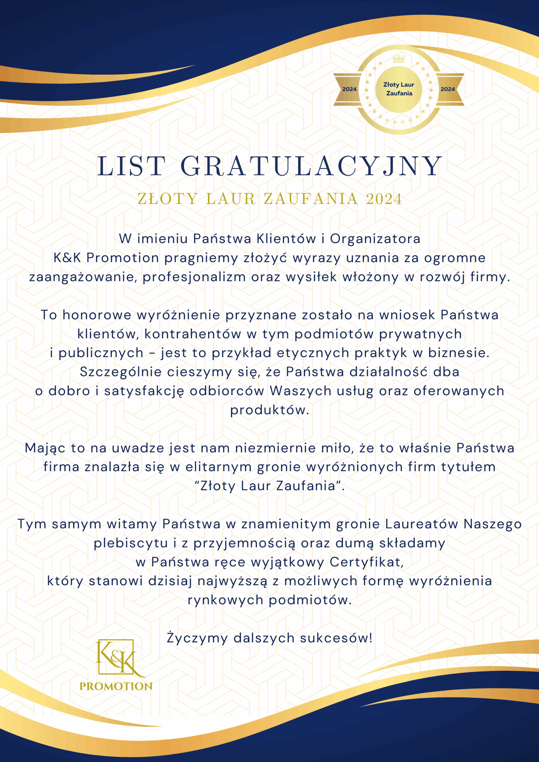 list gratulacyjny złoty laur zaufania (1)